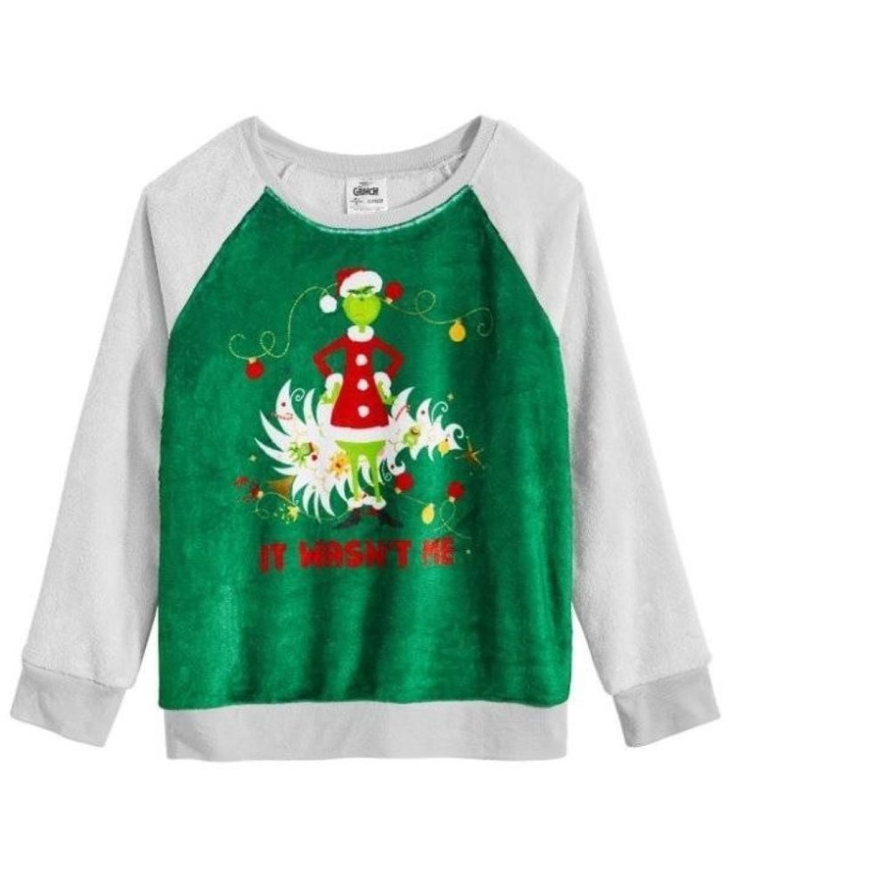 Girls Grinch Christmas Sweatshirt 12 Green IT WASNT ME Long Sleeve Velvety Crew